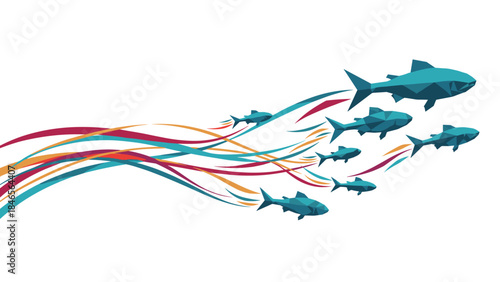 Low poly fish swimming in formation with colorful trails on white background