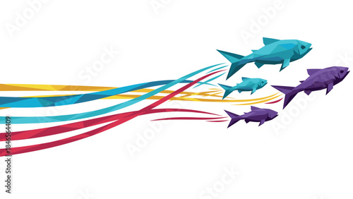 Colorful polygonal fish swimming with dynamic trails in abstract design