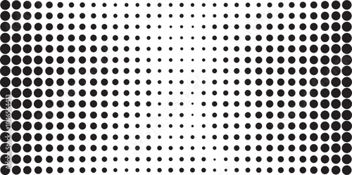 Seamless Dot Halftone Gradient Background. Black Dots Pattern Transitioning from Edges to Center. Geometric Grid Halftone Dot Pattern with Gradual Size Variation Texture.