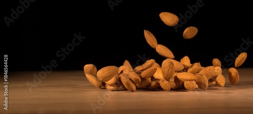 Wallpaper Mural Super slow-motion of almonds fall on wooden table. Healthy snack, satisfying crunch. Torontodigital.ca