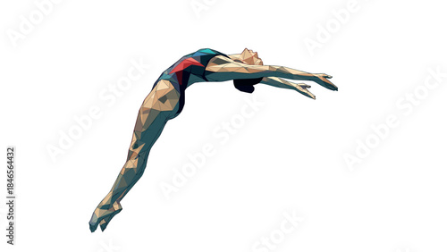 Polygonal artistic gymnast in mid-air leap with geometric shapes
