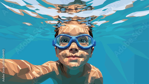 Low poly art of child snorkeling underwater with goggles in blue ocean