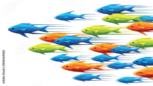 Polygonal fish school swimming in vibrant multicolor abstract design