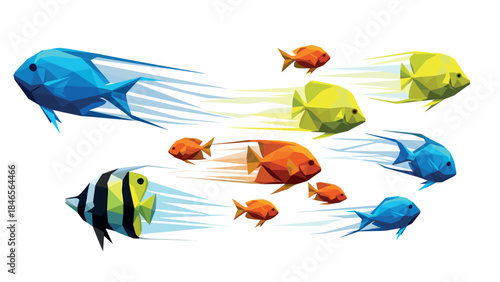 Vibrant low poly fish swimming in formation