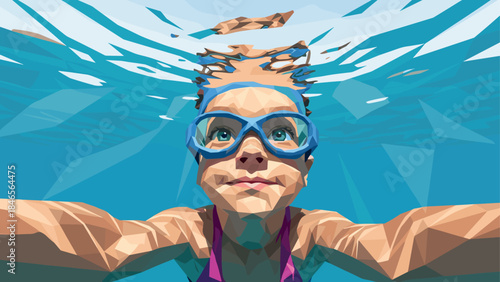 Geometric swimmer underwater adventure in vibrant low poly art