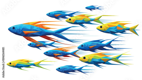 Polygonal blue and yellow fish school in motion on white background