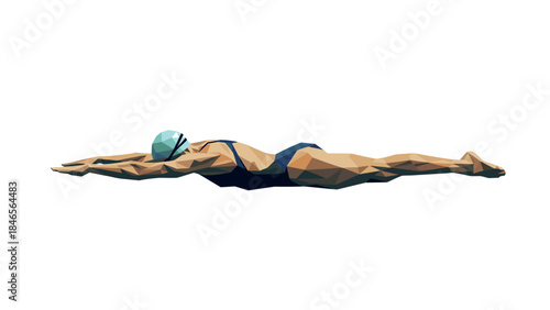 Geometric swimmer in mid-stroke against white background