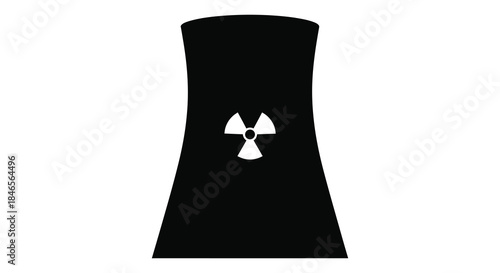 A stark black nuclear power plant tower with a white biohazard symbol a striking silhouette