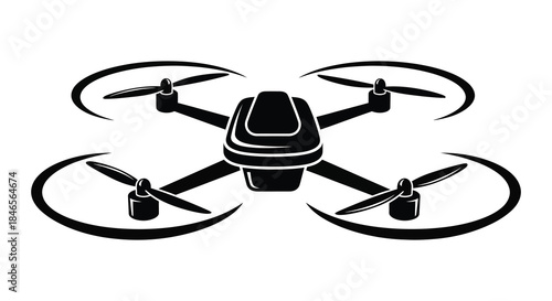 A striking black and white graphic illustrating a modern quadcopter drone design silhouette