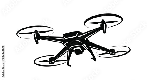 A sleek black quadcopter drone design with rotating propellers presented as a striking silhouette