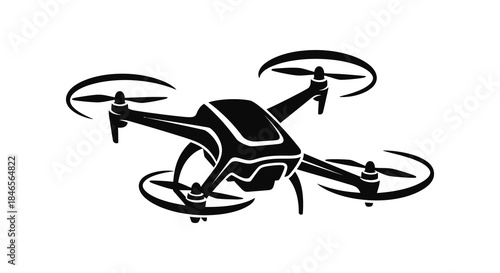 A modern quadcopter drone design displayed in a striking black and white silhouette