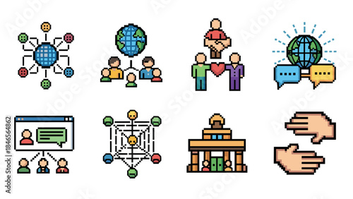 Pixel art icons: global communication and networking concepts