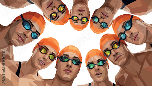Team of competitive swimmers in low poly art style with orange caps and goggles