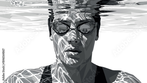 Monochrome geometric swimmer underwater reflection in black and white