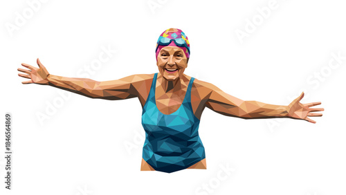 Colorful low poly art of smiling woman in swimsuit with open arms