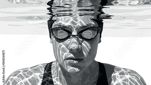 Artistic grayscale portrait of swimmer with water patterns