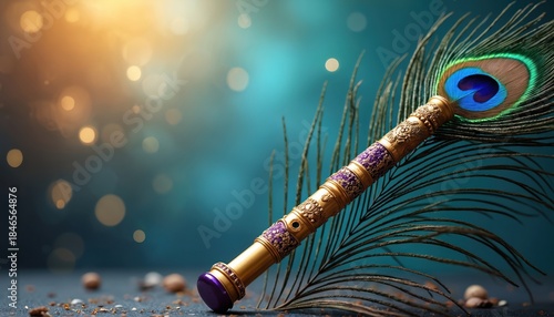 Ornate golden flute, peacock feather symbolize Lord Krishna. Bansuri, mor pankh represent Hindu deity music, spirituality. Elegant image for Indian culture Janmashtami festival religious tradition.