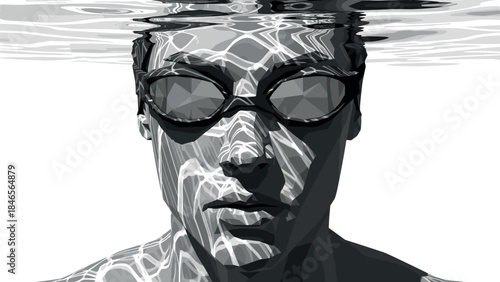 Monochrome swimmer beneath rippling water surface with reflective patterns