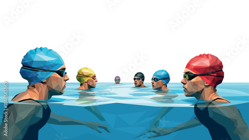 Geometric swimmers gathered in water with colorful caps