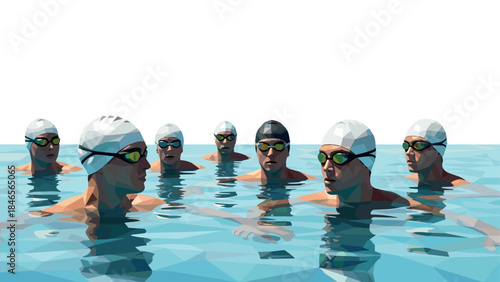 Competitive swimmers in water low polygon art with geometric patterns