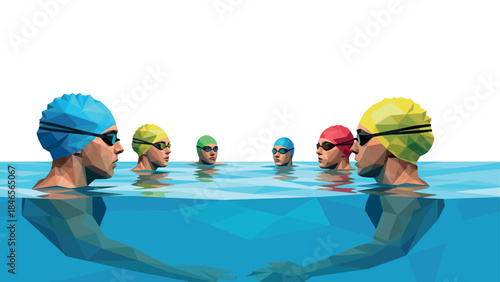 Geometric swimmers discuss in water: polygon art of athletes in caps