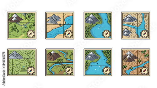 Adventure map tiles: isometric hiking trail and terrain icons for outdoor exploration
