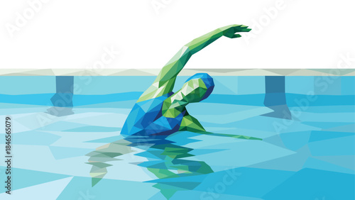 Geometric polygonal swimmer performing stroke in blue pool