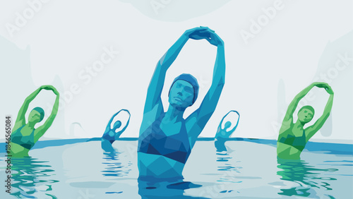 Colorful low poly water aerobics in serenity