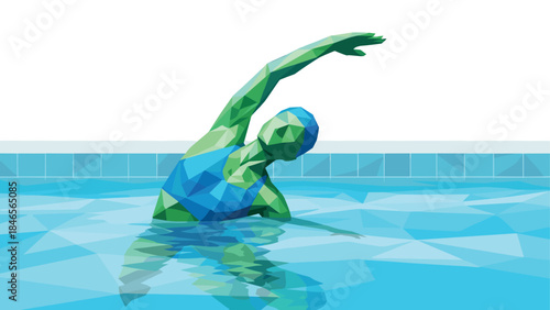 Low poly swimmer exercising in pool with abstract geometric design