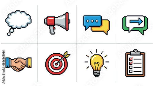 Pixel art communication icons collection: messages, ideas, and goals