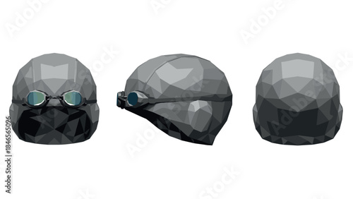 Low poly swimming helmet with goggles in three angles