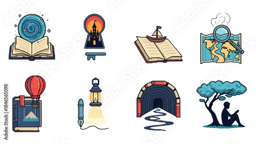 Adventure icons of reading and exploration: books, maps, and journeys