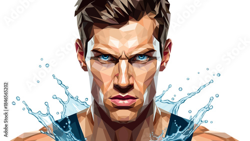 Geometric portrait of determined swimmer with water splash effect