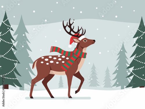 A majestic reindeer adorned with a Santa hat and a festive scarf walks through a snowy winter forest decorated with Christmas lights.