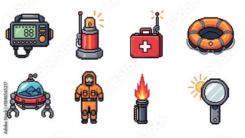 Pixel art icons: diving gear, emergency tools, and adventure essentials