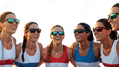 Polygon style group of women celebrating and smiling in sunglasses