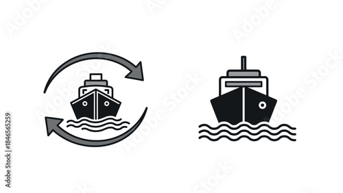 Monochrome cruise ship icons with refresh arrows and waves