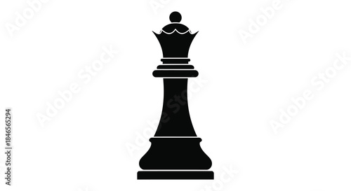 A striking black queen chess piece stands prominently against a white background a bold silhouette