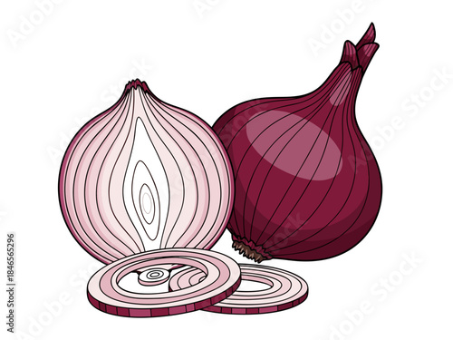 A whole red onion and a half-cut red onion with slices on a white background.
