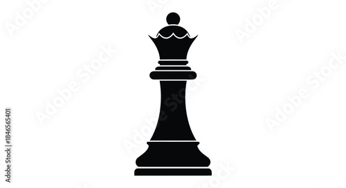 A striking black chess queen piece stands prominently against a plain white background silhouette