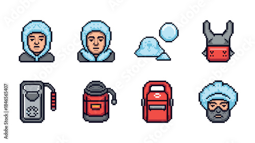 Pixel art icons: winter adventure elements and characters collection