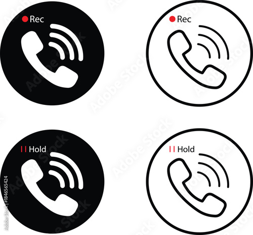 Telephone Call Recording and Hold Status Icon Set. Phone Call Status Symbols. Call Recording and On Hold Interface Button. Customer Support Dashboards, and Telecommunication, Call Center, or VoIP.
