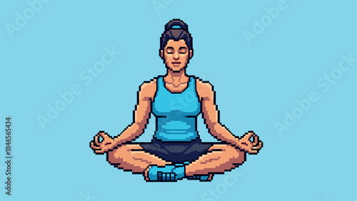 Pixel art style meditation pose with blue outfit on light background