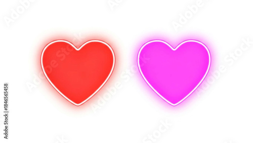 Vibrant neon heart icons glowing bright red and magenta perfect for social media likes or Valentine's Day design