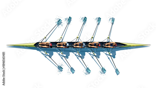 Team rowing on calm water in dynamic overhead view