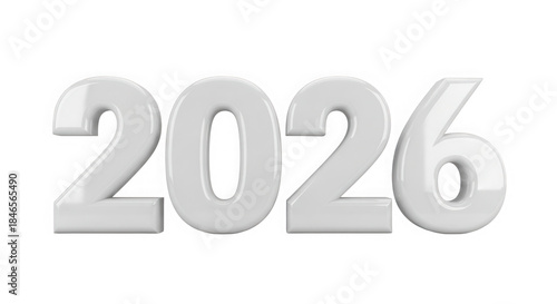 White glossy 3d numbers 2026 isolated on transparent background