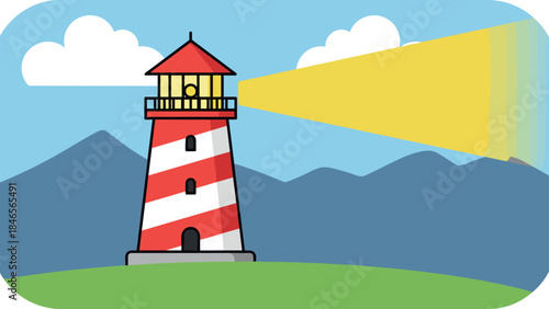 Colorful cartoon lighthouse with bright light beam against mountain landscape