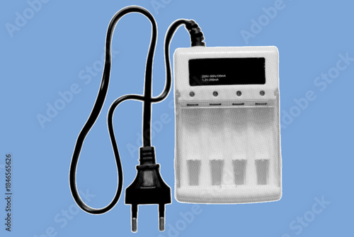close up of battery charger universal pixelate grayscale color halftone dotted texture style collage element isolated on blue background