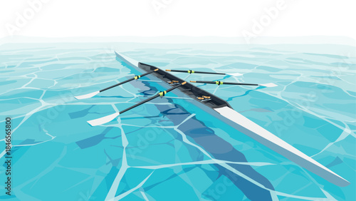 Modern boat on tranquil blue water with stylized geometric shapes