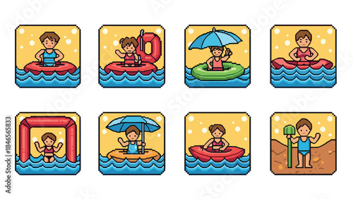 Retro pixel art beach activities with kids and water fun icons